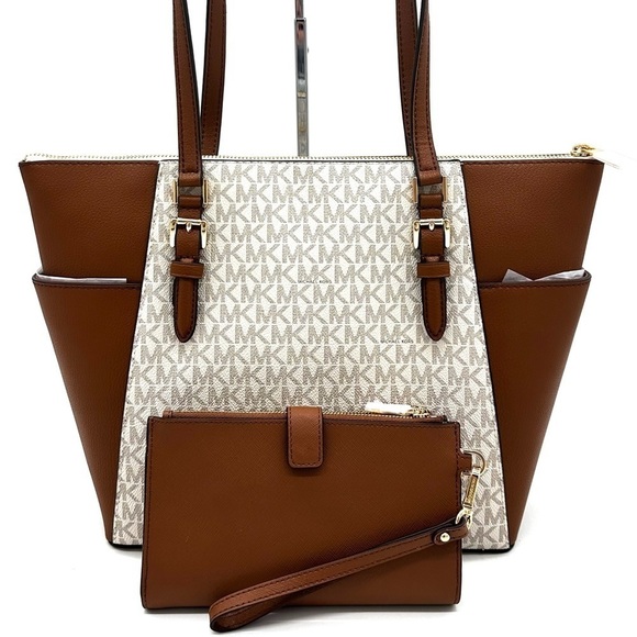 Michael Kors Large Charlotte Tote Bag & Large Double Zip Wallet Vanilla/Brown - Picture 5 of 14